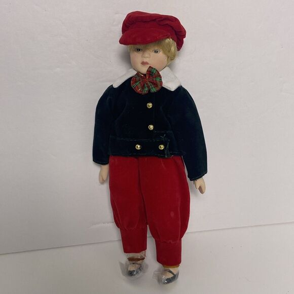 Vintage Porcelain Christmas Boy Doll in Velvet Outfit Girl Doll Handbag Gold - Picture 2 of 16